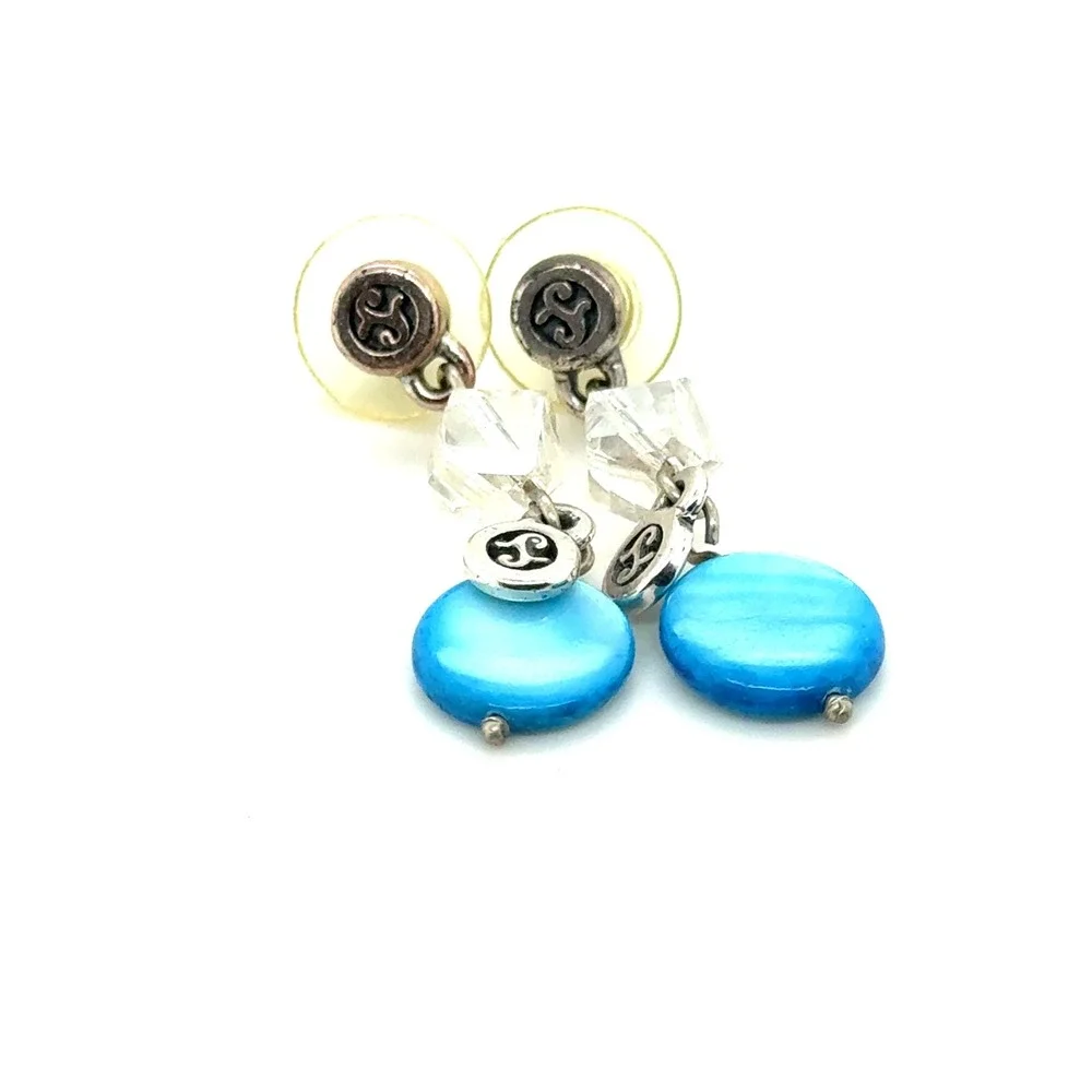Brighton Blue Mother of Pearl Crystal Drop Earrings Silver Tone Scroll Logo